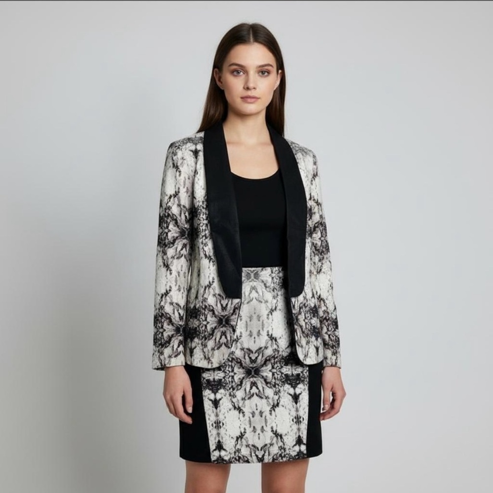KRISA Revolve Black White Abstract Art to Wear Tie Dye Blazer Jacket Skirt Set